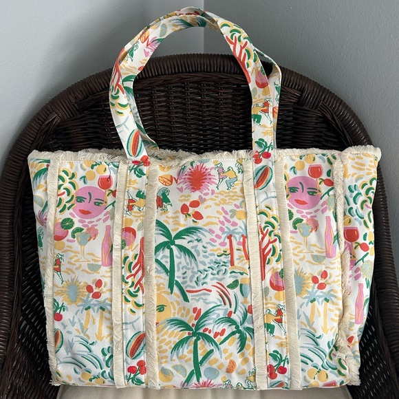 NWT Roller Rabbit Vacation Fringe Canvas Tote Bag Yellow/Green - Picture 2 of 5